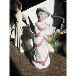 Vintage Porcelain Figurine Woman in White Dress with Pink Accents